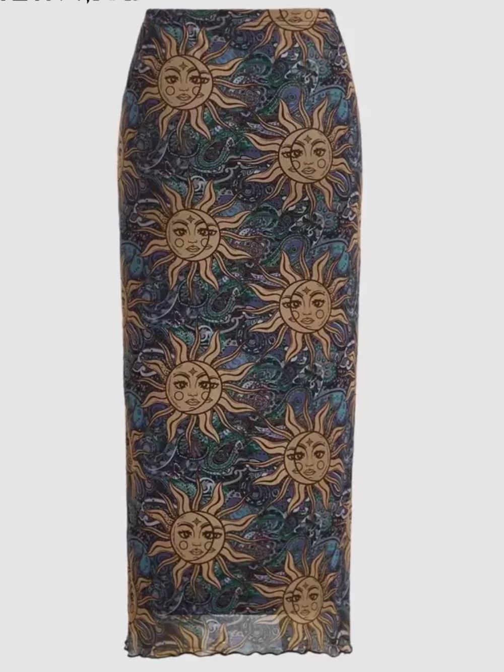 SHEIN MOD Sun Print Lettuce Trim Celestial Motif Maxi Skirt Medium - Picture 5 of 14